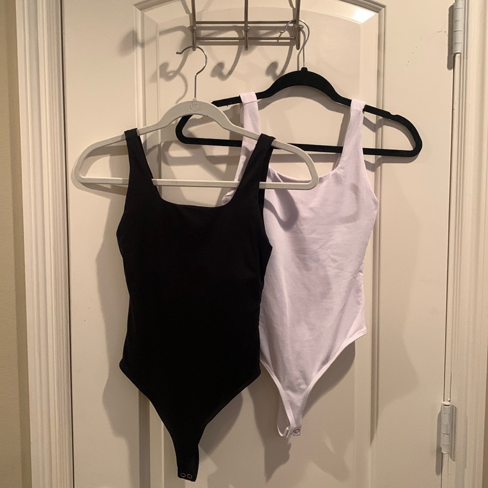 TWO PACK! Black and White Good American Bodysuits with Built In Shelf Bra